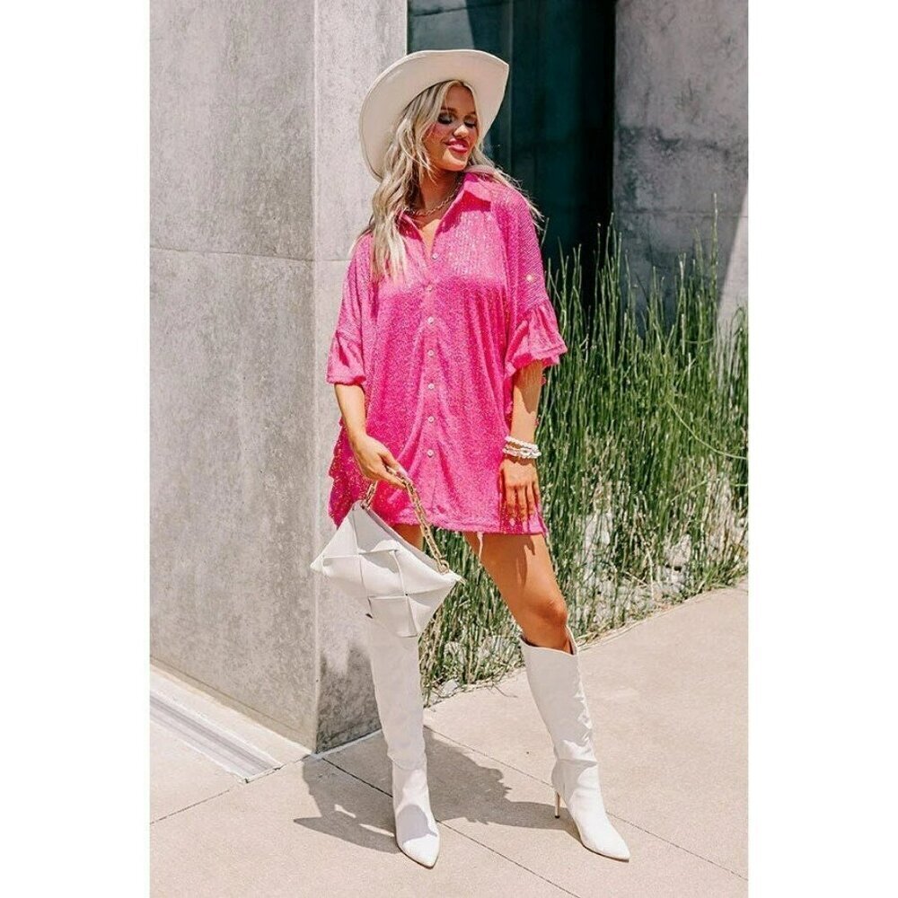 Sweet Dream Sequin Poncho Button-Down Tunic in Hot Pink - Picture 3 of 9